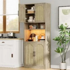 71" Pantry Cabinet, Tall Kitchen Hutch With Led Lights, Freestanding Kitchen Cabinet With Microwave Shelf, For Dining Room, Bathroom, Living Room -Furniture GUEST 3a3d1d67 3261 4ea6 a6d8 8072cc3b9d29