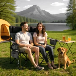 Oversized Double Camping Chairs, Heavy Duty Padded Loveseat Chair - 900Lbs Support For Adult - Comfortable Camping Chair With High Back & Pillow