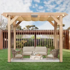 Pergola, Wooden Pergola - 10x10 FT Cedar Wood With Retractable Oxford Fabric Roof, Outdoor Patio Canopy Gazebo With Shade -Furniture GUEST 3cb567d8 1780 4d63 ab66 b331e8faf2fe