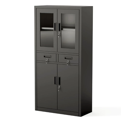 Cabinet, Bookbox, Sliding Door, Drawer, Keyed, Spare Key Included, Movable Shelf, Steel, Steel Library, Locker, Storage, Office, Commercial Use,Black