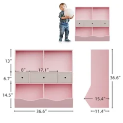 Kids Bookcase With Toy Storage - 4-Cubby Wooden Bookshelf With 3 Drawers & Slanted Toy Bins For Nursery, Playroom (Pink) -Furniture GUEST 3d66cb32 6676 4f69 b6fc b001af396291