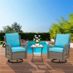 3 Piece Outdoor Patio Set, Wicker Rocking Bistro Set With 2 Swivel Chairs & Tempered Glass Top Table -Furniture GUEST 3dc051af 485a 4453 8e5e fccda165badd
