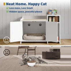 Cat Litter Box Enclosure With Storage Shelve Adn Wooden Barn Door, Hidden Litter Box Cabinet, Indoor Cat House Fits Most Litter Boxes White -Furniture GUEST 40ba0926 46d8 4843 aa4d a5343afc511d