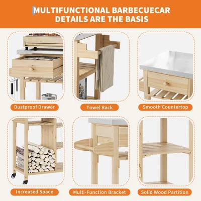 TROPOW Solid Wood Outdoor Grill Cart ¨C Stainless Steel Top Kitchen Island With Lockable Wheels For Patio/Garden (Natural Wood Color) 6 TROPOW Solid Wood Outdoor Grill Cart ¨C Stainless Steel Top Kitchen Island With Lockable Wheels For Patio/Garden (Natural Wood Color) - Image 4