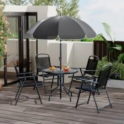 6 Pieces Outdoor Dining Set With Umbrella, Patio Table And 4 Folding Chairs With Umbrella, Garden Patio Furniture Set With Umbrellas, Tempered Glass -Furniture GUEST 414c80e4 4c6a 4871 9630 c473a81a46ba