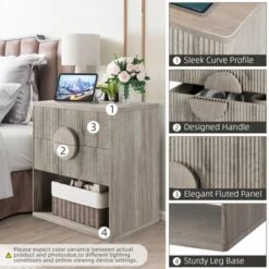 Nightstand Set Of 2 Wide Fluted Nightstand With Charging Station, Wood Nightstand With 2 Drawers And Open Shelves, Modern Night Stand -Furniture GUEST 42bc15d4 9314 49ee bdf5 41e23c66835e