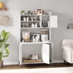 Large Cat Litter Box Enclosure Furniture - Farmhouse Style Pet House With 3 Open Shelves, Storage Cabinet - Modern Wood End Table For Bedroom -Furniture GUEST 44c00776 d2f2 4bee a59e 246bf523272e