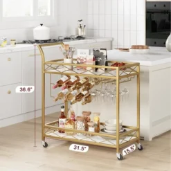 Gold Bar Cart 2-Tier With Wheels, Gold Serving Cart With Wine Rack & Glass Holders For Living Room, Kitchen, Dining -Furniture GUEST 48137a35 a683 4af3 aeb7 a8d078f93526