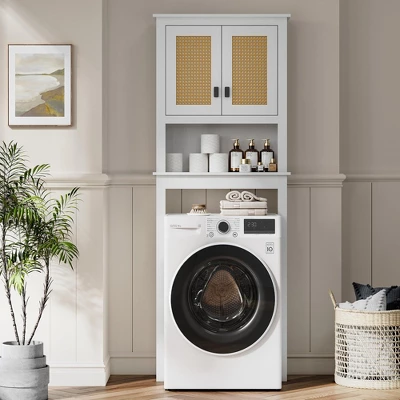 63" Over The Toilet Storage Cabinet,Farmhouse Over Toilet Bathroom Organizer With Rattan Doors,Freestanding Wood Above Toilet Storage Cabinet ,White 8 63" Over The Toilet Storage Cabinet,Farmhouse Over Toilet Bathroom Organizer With Rattan Doors,Freestanding Wood Above Toilet Storage Cabinet ,White - Image 6