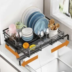 TROPOW Extendable Dish Rack With Drainboard, Dish Drying Rack, V-Shaped Card Slot, Stainless Steel Kitchen Dish Drainer For Sink, Black -Furniture GUEST 4a3315bf b905 4223 ab72 6920cdec4fe2