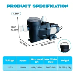 1.5 HP Swimming Pool Pump Above Ground/Inground, 220V, 8000 GPH High-Flow, 1100W High-Efficiency Swimming Pool Pump