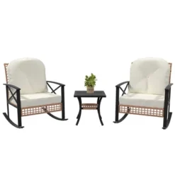 TROPOW 3 PCS Patio Rocking Chairs Outdoor Rattan Bistro Set, Patio Sets , Outdoor Furniture Set Wicker 2Rocking Chairs & 1Table ,Beige & Black -Furniture GUEST 4b81e8d0 a860 431c ac5a 4ee722df2f45