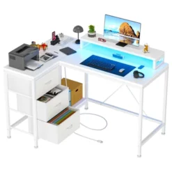 43 Inch Computer Desk, L Shaped Desk With Power Outlets And Led Lights, 3-Drawer Gaming Desk With Storage Shelves And Monitor Stand -Furniture GUEST 4cf24fb1 bbb2 497d 8ffb b8f10b70bca8