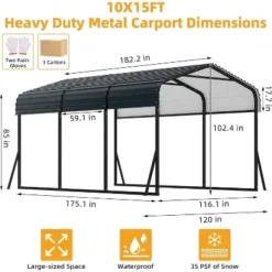 Carport, Metal Carport 10x15 FT - Outdoor Canopy With Reinforced Base & Galvanized Steel Roof, Heavy Duty Shelter For SUV Truck Boats