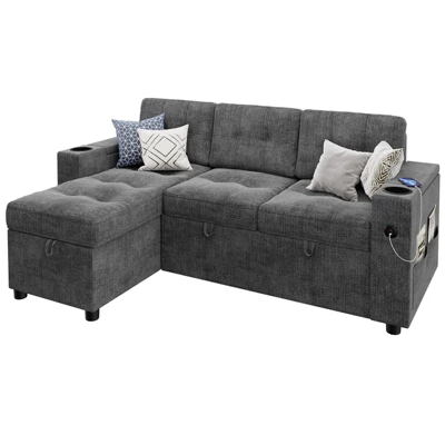 Sofa Bed, 84 Inch Sleeper Sofa With Pull Out Bed And Charging Ports, L Shaped Couches For Living Room With 2 Storage Armrests And 2 Cup Holders 11 Sofa Bed, 84 Inch Sleeper Sofa With Pull Out Bed And Charging Ports, L Shaped Couches For Living Room With 2 Storage Armrests And 2 Cup Holders - Image 9