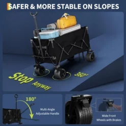 TROPOW Heavy Duty Utility Beach Wagon Cart, Collapsible Wagon Beach With All Terrain Wheels, Extra Long WagonCart Foldable With Cup Holders For Sand