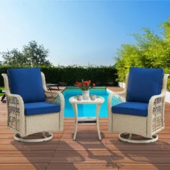 3 Piece Outdoor Patio Set, Wicker Rocking Bistro Set With 2 Swivel Chairs & Tempered Glass Top Table