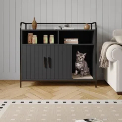 Cat Litter Box Enclosure With Metal Frame And Dual Storage Shelves, Modern Hidden Litter Box Furniture Indoor Cat House, Side Table Style,Black -Furniture GUEST 501881a5 9996 4407 bf03 355c896f890f