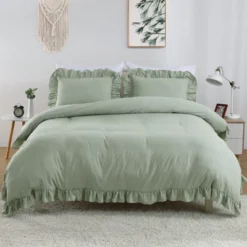 Ruffle Duvet Cover 3PCS Soft Washed Microfiber Vintage French Country Duvet Cover Set Sage