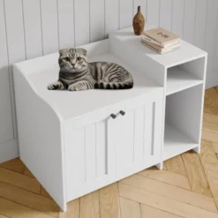 Cat Litter Box Enclosure With Storage Shelve Adn Wooden Barn Door, Hidden Litter Box Cabinet, Indoor Cat House Fits Most Litter Boxes White -Furniture GUEST 51a33f1d 3daf 4f4f babd 5630003713c4