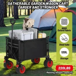 Collapsible Wagon With Wheels, Foldable Shopping Cart With Adjustable Handle, Side Pockets And Cup Holder, All Terrain Wagon For Shopping