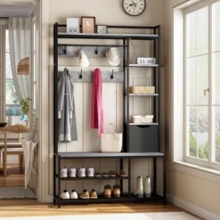 Hall Tree Bench With Storage | 5-in-1 Entryway Bench With Shoe Rack, 12 Hooks & Cabinet | Entryway Organizer For Hallway, Foyer, Mudroom,Grey