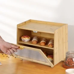 Bread Box, Double Layer Bamboo Kitchen Countertop Storage - Farmhouse Container With Window, Large Capacity For Bread, Rolls (Natural & Gold)