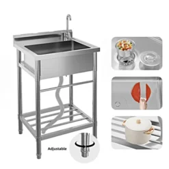TROPOW Silver Stainless Steel Utility Sink – Freestanding Single Bowl For Kitchen/Laundry/Garage