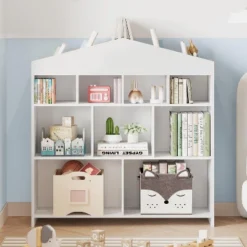 9-Cubby Kids Bookshelf Toy Storage Organizer - White Wooden Bookcase For Playroom, Nursery & Kids Room -Furniture GUEST 53dac748 bd0a 439d 99b1 5629e764dae9