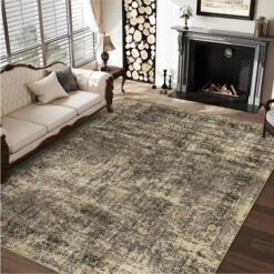 8x10 Rugs Washable Non-Slip - Vintage Floral Area Rug, Large Distressed Carpet, Soft Low Pile Machine Washable Rug (Green) -Furniture GUEST 55543dec c659 4f85 a4b7 8621a770e14d