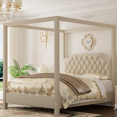 Upholstered Canopy Bed Frame Full Size With Headboard, Button Tufted, Nailhead Trim Design, No Box Spring Required 2 Upholstered Canopy Bed Frame Full Size With Headboard, Button Tufted, Nailhead Trim Design, No Box Spring Required