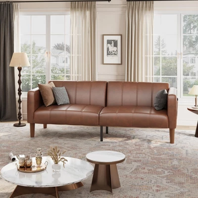 75" Futon Sofa Bed, Convertible Sleeper, Faux Leather Small Couch, Loveseat, Mid-Century Modern Couch For Living Room, Bedroom, Brown 4 75" Futon Sofa Bed, Convertible Sleeper, Faux Leather Small Couch, Loveseat, Mid-Century Modern Couch For Living Room, Bedroom, Brown - Image 2