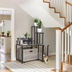 Cat Litter Box Enclosure Furniture With 3-Tier Storage Shelves, Wooden Large Hidden Litter Box Furniture, Modern Style Cat Washroom ,Grey