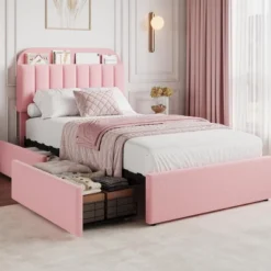 Twin XL Bed Frame With Storage Headboard, Girls Bed Frame With 2 Drawers, Boucle Upholstered Platform Bed With Bookcase, No Box Spring Needed -Furniture GUEST 58228a36 81ff 4132 9b11 3513ed2deebb