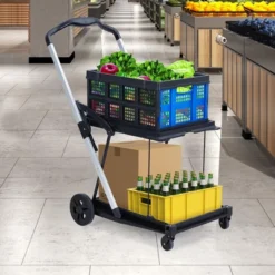 Shopping Cart, 2 Tier Collapsible Folding Grocery Cart With Removable Crate - 198 Lb Capacity, Wheels For Supermarket Home Blue -Furniture GUEST 591fc2c1 68fb 4c59 b438 55ed9e8ce875