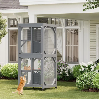 Outdoor Cat Enclosure - 4 Tiers On Wheels With Weatherproof Roof, Platforms, Resting Box, Scratch Post (68'' Window Catios) 6 Outdoor Cat Enclosure - 4 Tiers On Wheels With Weatherproof Roof, Platforms, Resting Box, Scratch Post (68'' Window Catios) - Image 4