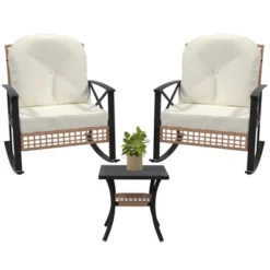 TROPOW 3 PCS Patio Rocking Chairs Outdoor Rattan Bistro Set, Patio Sets , Outdoor Furniture Set Wicker 2Rocking Chairs & 1Table ,Beige & Black -Furniture GUEST 596b5e54 7adb 4a85 8c3b e3215572a29c