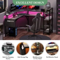 61 Inch L-Shaped Gaming Desk, Ergonomic Computer Desk, With 5-Tier Shelves, LED, Power Outlet & Storage Bag, Corner Computer Table, For Home Office -Furniture GUEST 59b691f0 b805 4ec5 93e2 7d56ed6db1a7