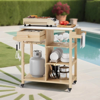 TROPOW Solid Wood Outdoor Grill Cart ¨C Stainless Steel Top Kitchen Island With Lockable Wheels For Patio/Garden (Natural Wood Color) 4 TROPOW Solid Wood Outdoor Grill Cart ¨C Stainless Steel Top Kitchen Island With Lockable Wheels For Patio/Garden (Natural Wood Color) - Image 2
