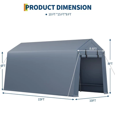 10'*15' Outdoor Storage Shed, Heavy Duty Carport With Roll-Up Door-Waterproof Portable Garage For Motorcycle, Tools, All-Weather Protection.gray 4 10'*15' Outdoor Storage Shed, Heavy Duty Carport With Roll-Up Door-Waterproof Portable Garage For Motorcycle, Tools, All-Weather Protection.gray - Image 2