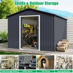 TROPOW 8x15 FT Outdoor Storage Shed, Metal Garden Shed With Lockable Door, And Sloped Roof, Utility Metal Tool Storage Sheds For Backyard, Gray