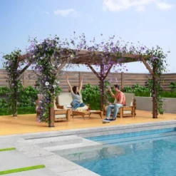 Wooden Pergola - 12'X14' Cedar Wood With Retractable Shade Canopy, Durable Rot-Resistant, Versatile