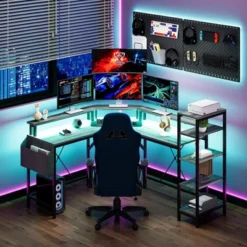 61 Inch L-Shaped Gaming Desk, Ergonomic Computer Desk, With 5-Tier Shelves, LED, Power Outlet & Storage Bag, Corner Computer Table, For Home Office