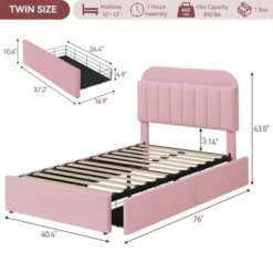 Bed Frame With Storage Headboard, Kids Bed Frame With 2 Drawers, Boucle Upholstered Platform Bed With Bookcase