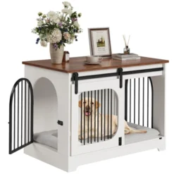 Dog Crate Furniture, 39.4" Dog Kennel For Dogs Up To 70 Lb, With Bed Mat, Heavy-Duty Dog Cage End Table, Three Doors Dog House, White/Brown 17 Dog Crate Furniture, 39.4" Dog Kennel For Dogs Up To 70 Lb, With Bed Mat, Heavy-Duty Dog Cage End Table, Three Doors Dog House, White/Brown -Furniture GUEST 61bf50e6 1f4b 482a a777 457a03f06c7b