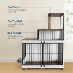Dog Crate Furniture With Cat Tower & Shelving Unit, Wooden Dog Kennel For Medium Small Breed With Double Doors And 2 Adjustable Bowls -Furniture GUEST 61c0cd28 103b 4b32 a381 a0c25b202cbd