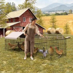 Chicken Coop Walk In Run - Metal Poultry Pen With Waterproof Cover, Portable Hen House For Chickens, Ducks & Small Pets
