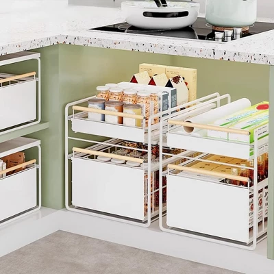 TROPOW 2-Tier Stainless Steel Pull Out Cabinet Organizer,Heavy Duty Chrome Plated Wire Basket With Shelf Liner For Pantry Storage Under Sink 7 TROPOW 2-Tier Stainless Steel Pull Out Cabinet Organizer,Heavy Duty Chrome Plated Wire Basket With Shelf Liner For Pantry Storage Under Sink - Image 5