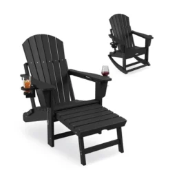 Rocking Adirondack Chairs, Folding Adirondack Rocking Chair With Footrest, Adirondack RockingChair Outdoor With Retractable Ottoman And Cup Holder