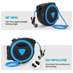 Retractable Garden Hose Reel With 5/8 In X 90 Ft Wall Mounted Hose Reel, 9-Function Sprayer Nozzle, Any Length Lock, Slow Return System